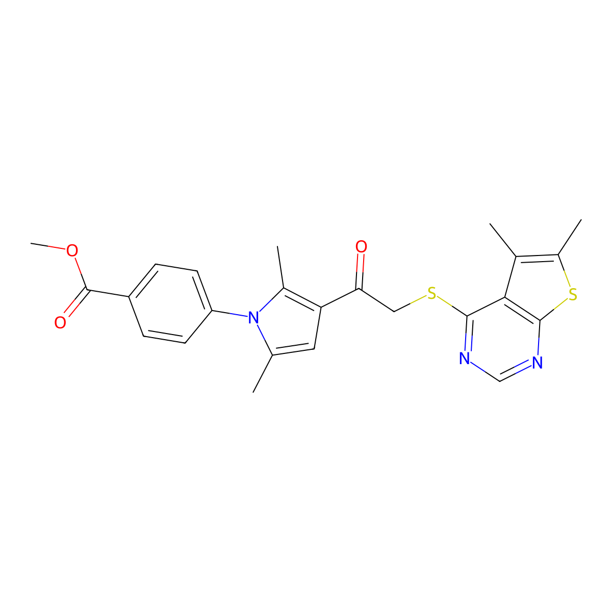 Methyl 4-[3-[2-(5,6-dimethylthieno[2,3-d]pyrimidin-4-yl)sulfanylacetyl]-2,5-dimethylpyrrol-1-yl]benzoate molecular structure, CAS 379256-37-8