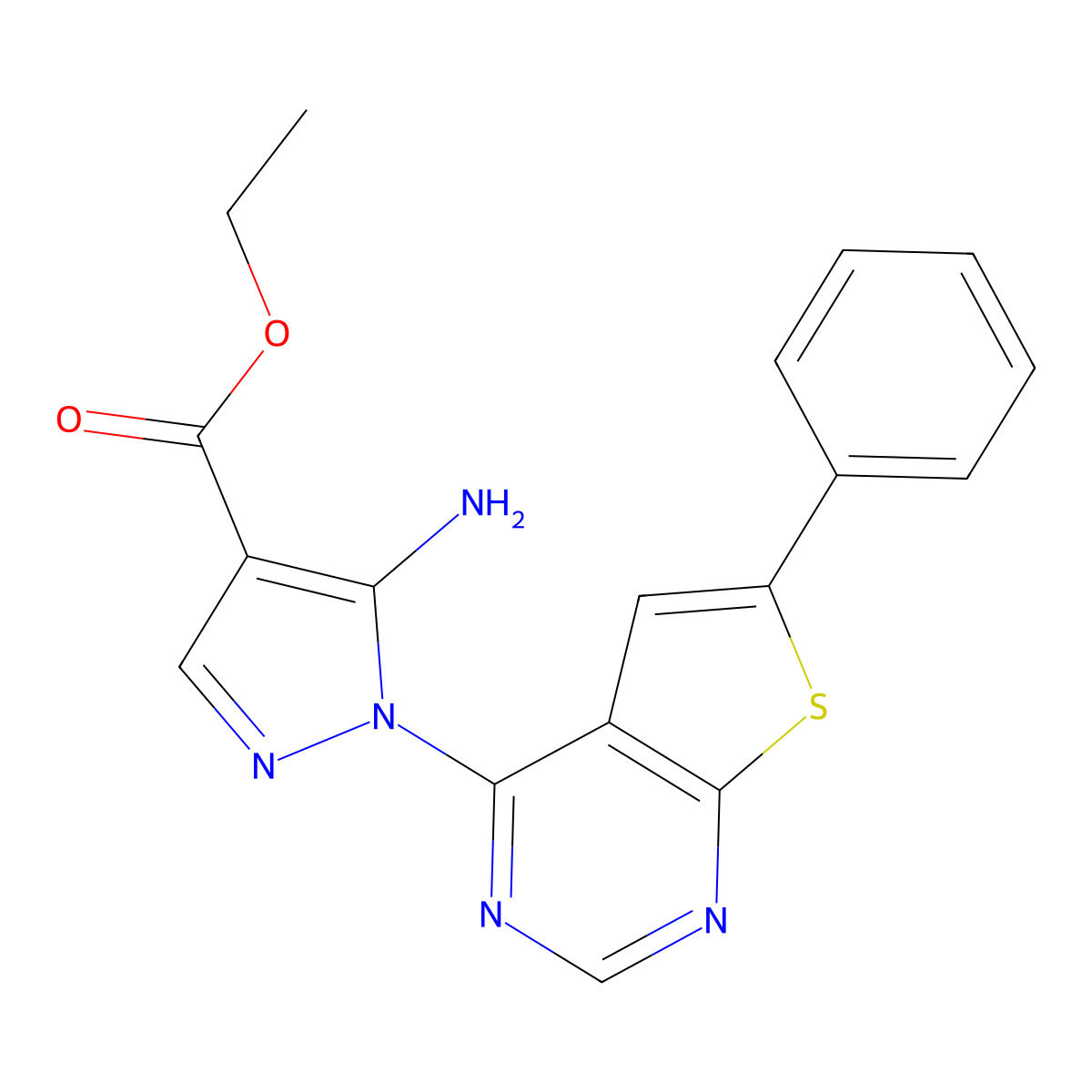 ethyl 5-amino-1-(6-phenylthieno[2,3-d]pyrimidin-4-yl)-1H-pyrazole-4-carboxylate molecular structure, CAS 379256-55-0