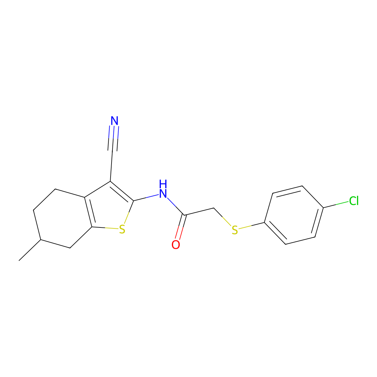 2-[(4-chlorophenyl)sulfanyl]-N-(3-cyano-6-methyl-4,5,6,7-tetrahydro-1-benzothien-2-yl)acetamide molecular structure, CAS 379256-70-9