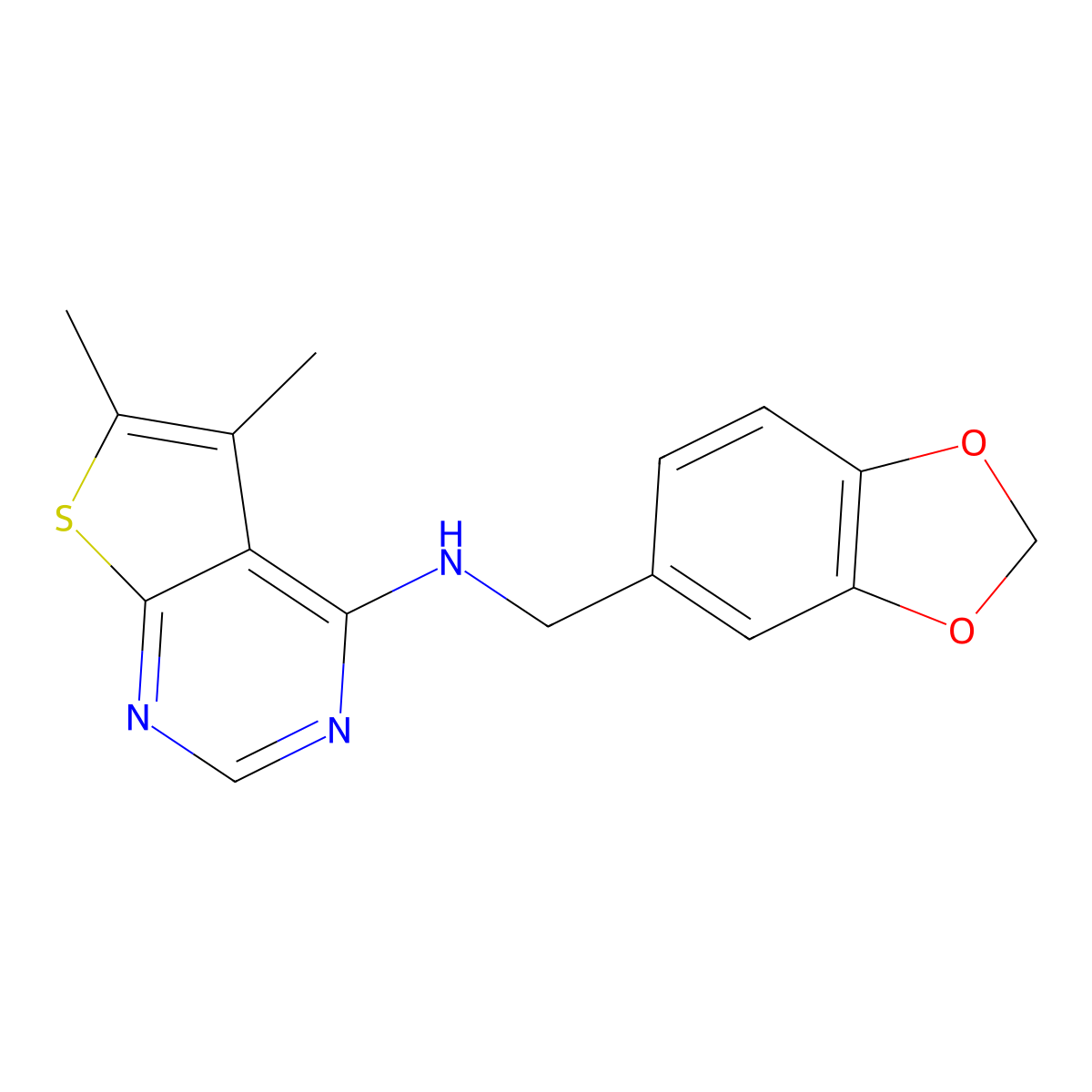 N-[(2H-1,3-benzodioxol-5-yl)methyl]-5,6-dimethylthieno[2,3-d]pyrimidin-4-amine molecular structure, CAS 379256-74-3