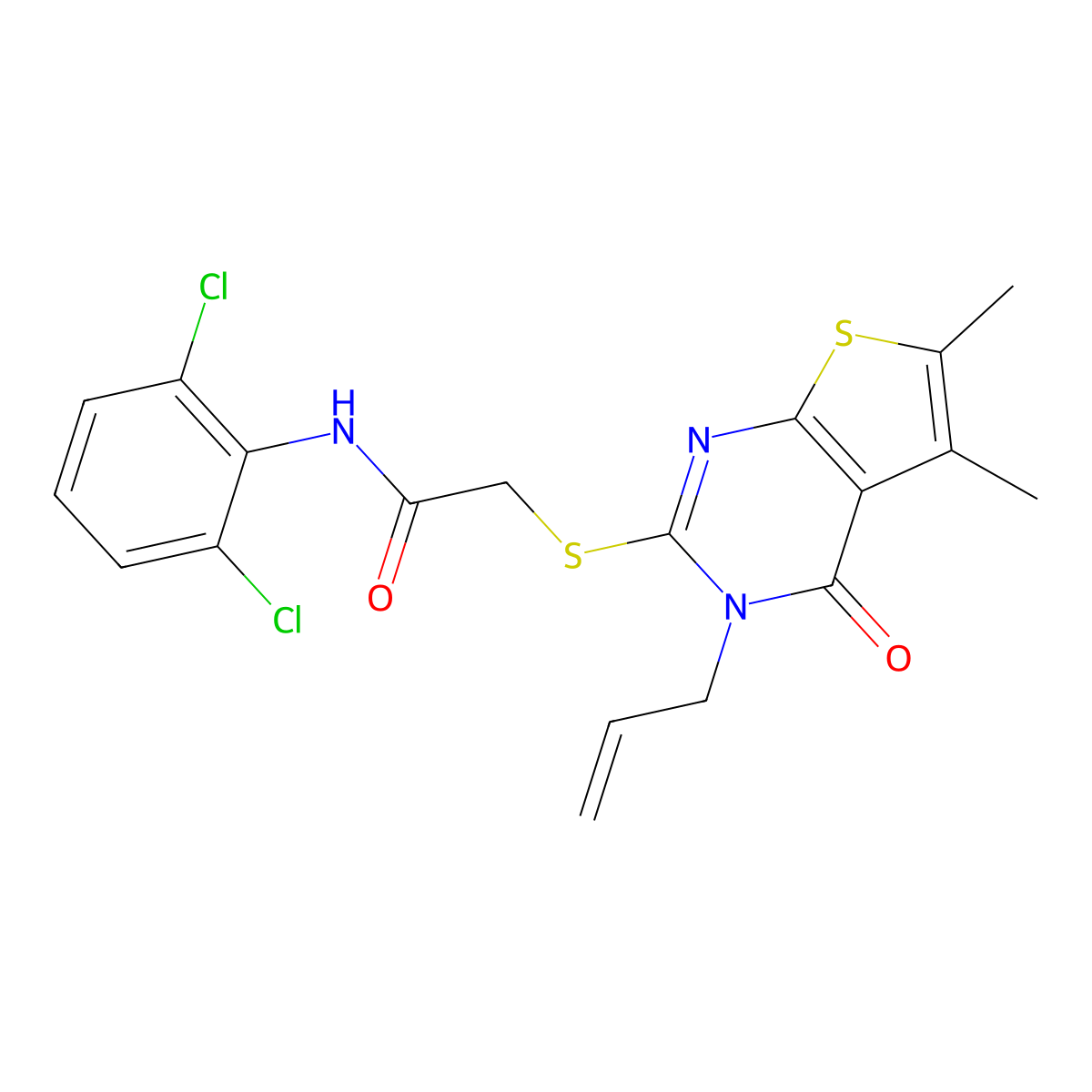 N-(2,6-dichlorophenyl)-2-(5,6-dimethyl-4-oxo-3-prop-2-enylthieno[2,3-d]pyrimidin-2-yl)sulfanylacetamide molecular structure, CAS 379256-76-5