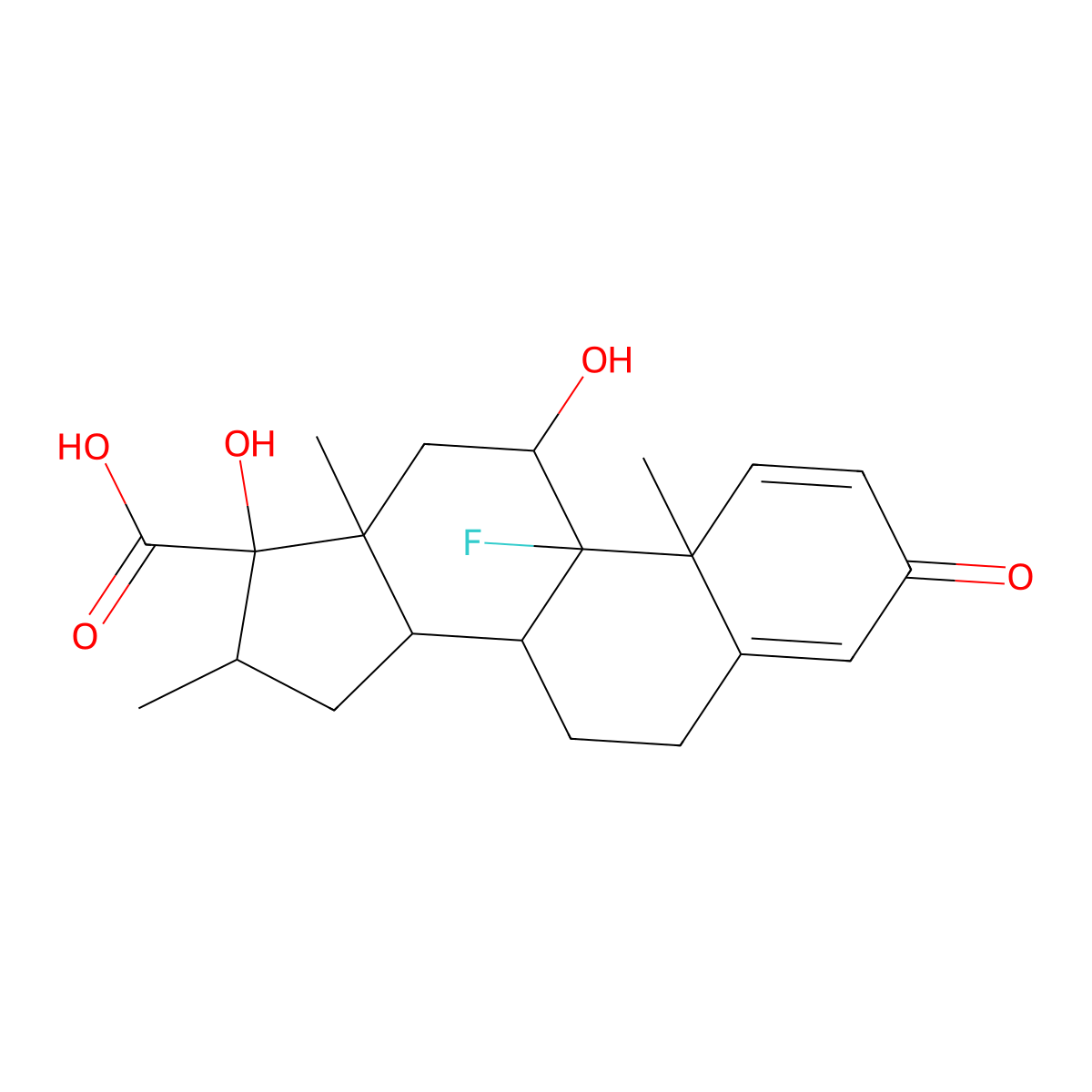 9-Fluoro-11,17-dihydroxy-10,13,16-trimethyl-3-oxo-6,7,8,11,12,14,15,16-octahydrocyclopenta[a]phenanthrene-17-carboxylic acid molecular structure, CAS 37926-75-3