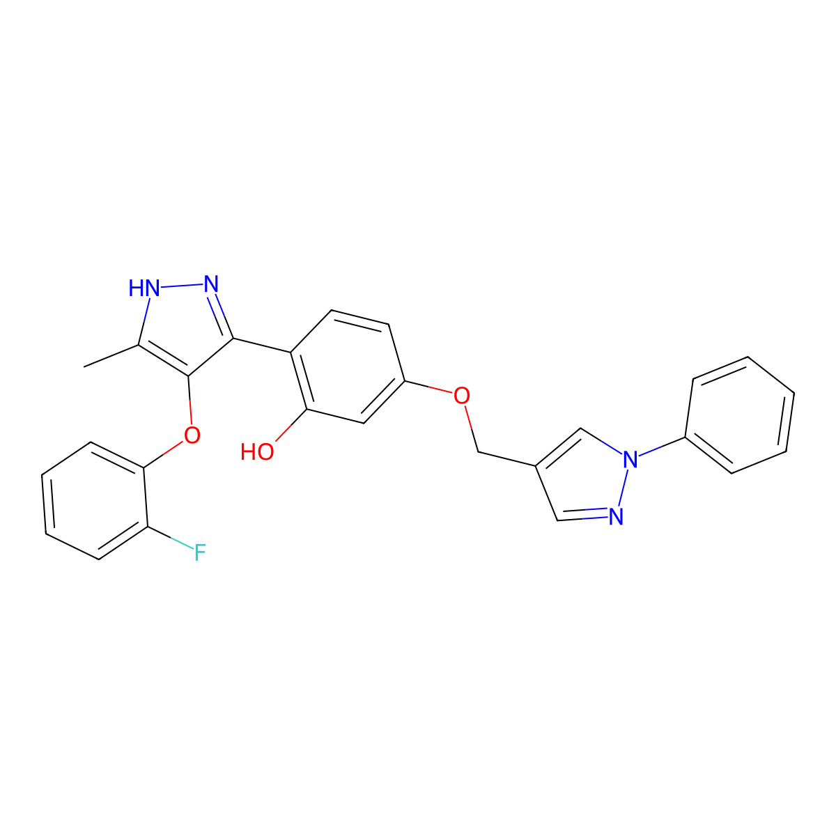 2-[4-(2-fluorophenoxy)-5-methyl-1H-pyrazol-3-yl]-5-[(1-phenyl-1H-pyrazol-4-yl)methoxy]phenol molecular structure, CAS 379266-50-9
