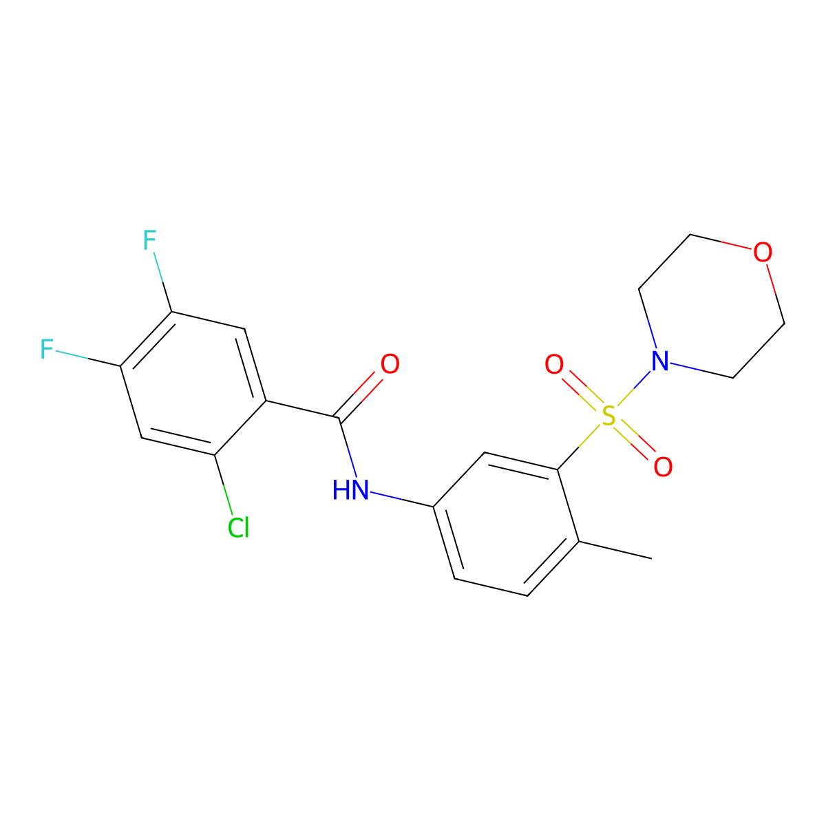 2-chloro-4,5-difluoro-N-(4-methyl-3-morpholin-4-ylsulfonylphenyl)benzamide molecular structure, CAS 379697-89-9