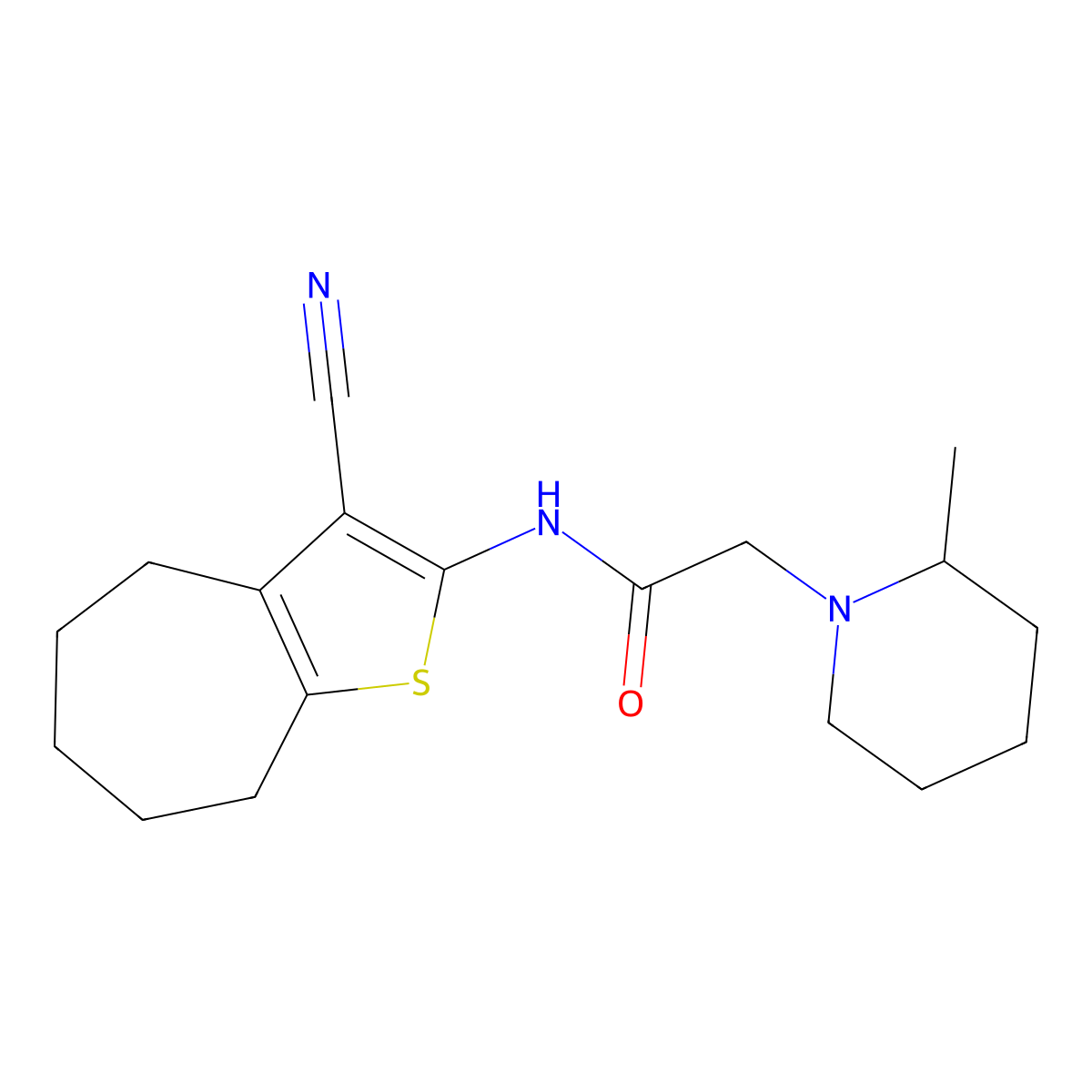 N-(3-cyano-5,6,7,8-tetrahydro-4H-cyclohepta[b]thiophen-2-yl)-2-(2-methylpiperidin-1-yl)acetamide molecular structure, CAS 379699-05-5
