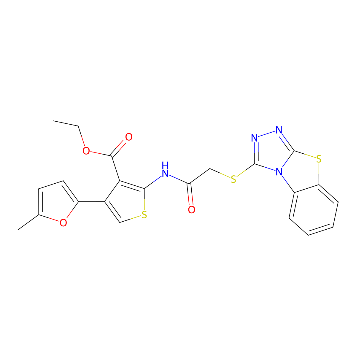 Ethyl 4-(5-methylfuran-2-yl)-2-[[2-([1,2,4]triazolo[3,4-b][1,3]benzothiazol-1-ylsulfanyl)acetyl]amino]thiophene-3-carboxylate molecular structure, CAS 379699-08-8