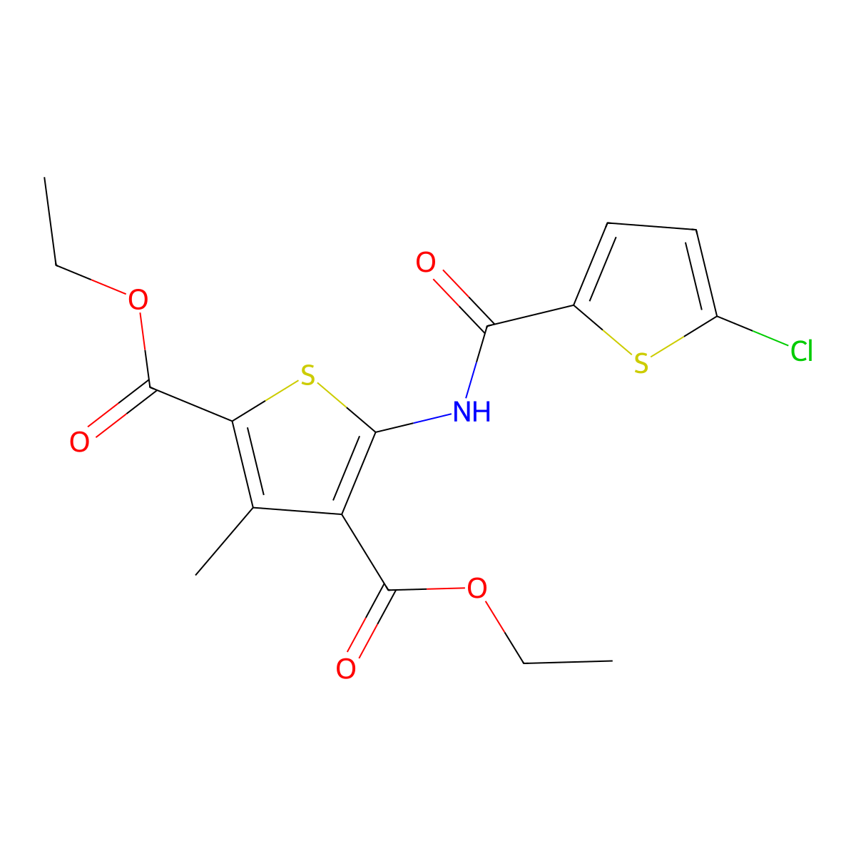 Diethyl 5-(5-chlorothiophene-2-carboxamido)-3-methylthiophene-2,4-dicarboxylate molecular structure, CAS 379701-22-1