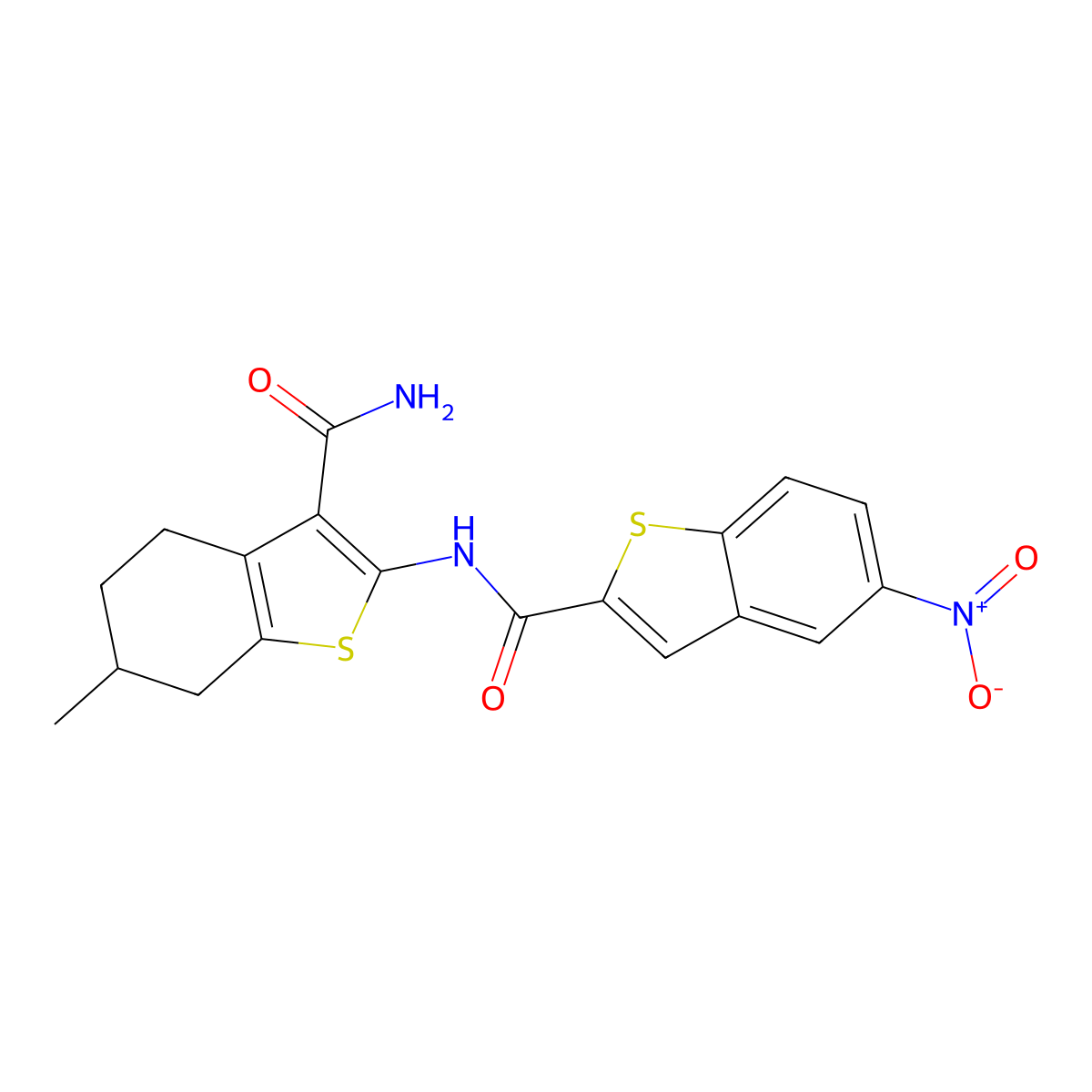 N-(3-carbamoyl-6-methyl-4,5,6,7-tetrahydro-1-benzothiophen-2-yl)-5-nitro-1-benzothiophene-2-carboxamide molecular structure, CAS 379701-23-2