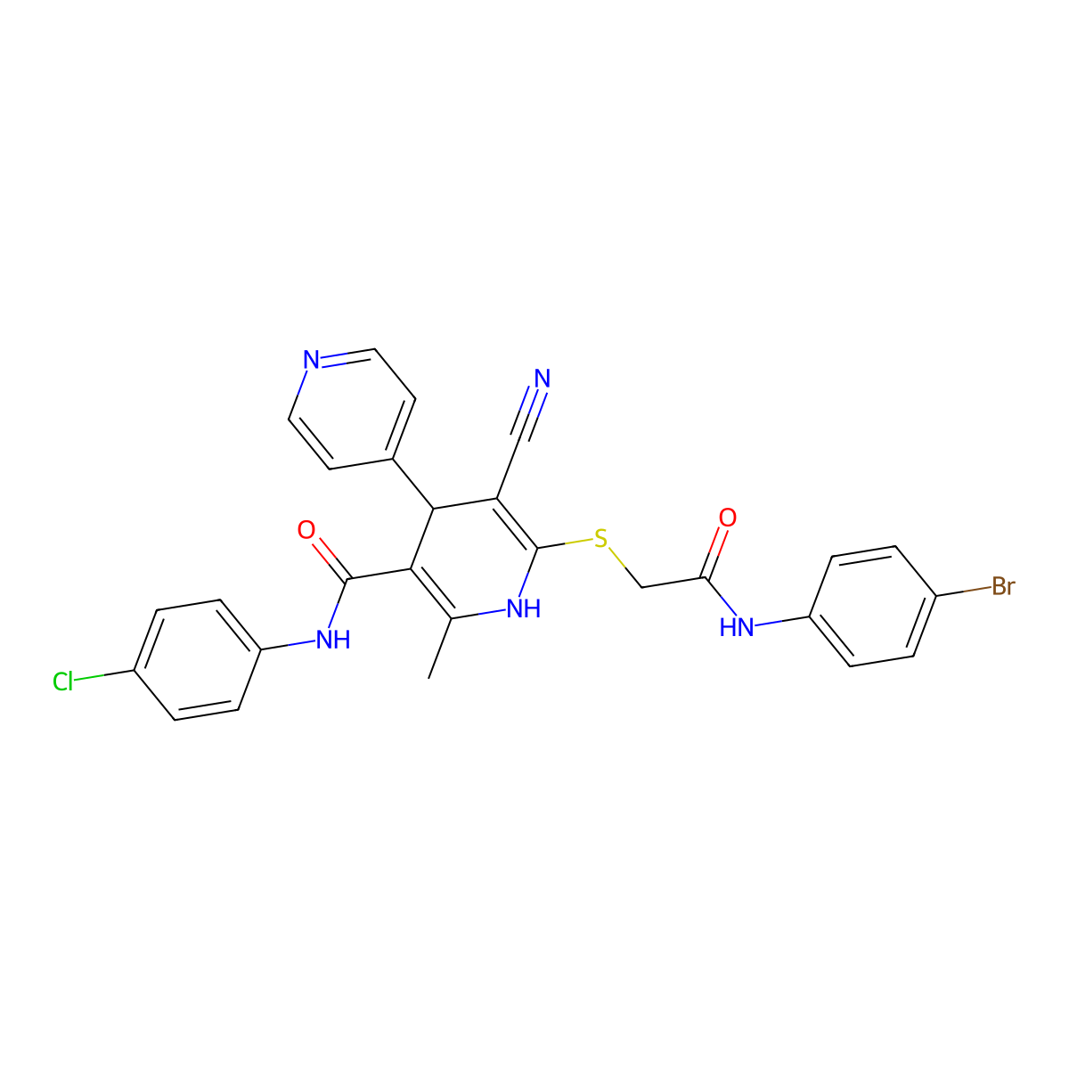 6-((2-((4-bromophenyl)amino)-2-oxoethyl)thio)-N-(4-chlorophenyl)-5-cyano-2-methyl-1,4-dihydro-[4,4'-bipyridine]-3-carboxamide molecular structure, CAS 379701-39-0