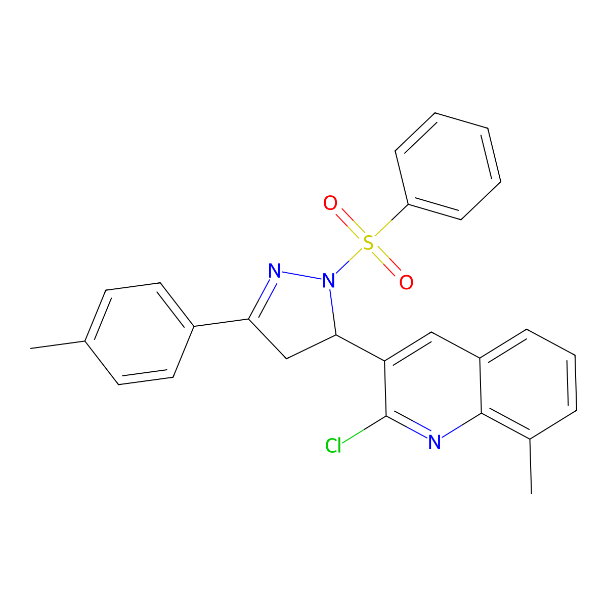 3-[2-(Benzenesulfonyl)-5-(4-methylphenyl)-3,4-dihydropyrazol-3-yl]-2-chloro-8-methylquinoline molecular structure, CAS 379716-81-1