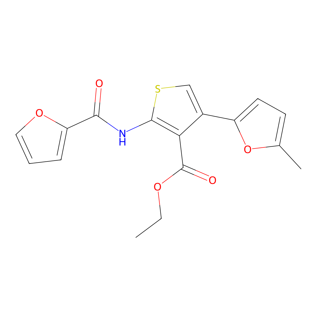 Ethyl 2-(furan-2-carboxamido)-4-(5-methylfuran-2-yl)thiophene-3-carboxylate molecular structure, CAS 379724-65-9