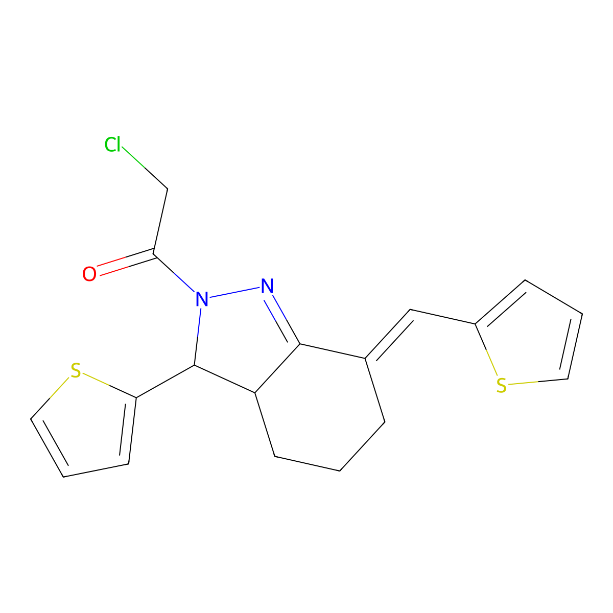 2-chloro-1-[3-thiophen-2-yl-7-(thiophen-2-ylmethylidene)-3a,4,5,6-tetrahydro-3H-indazol-2-yl]ethanone molecular structure, CAS 379725-89-0