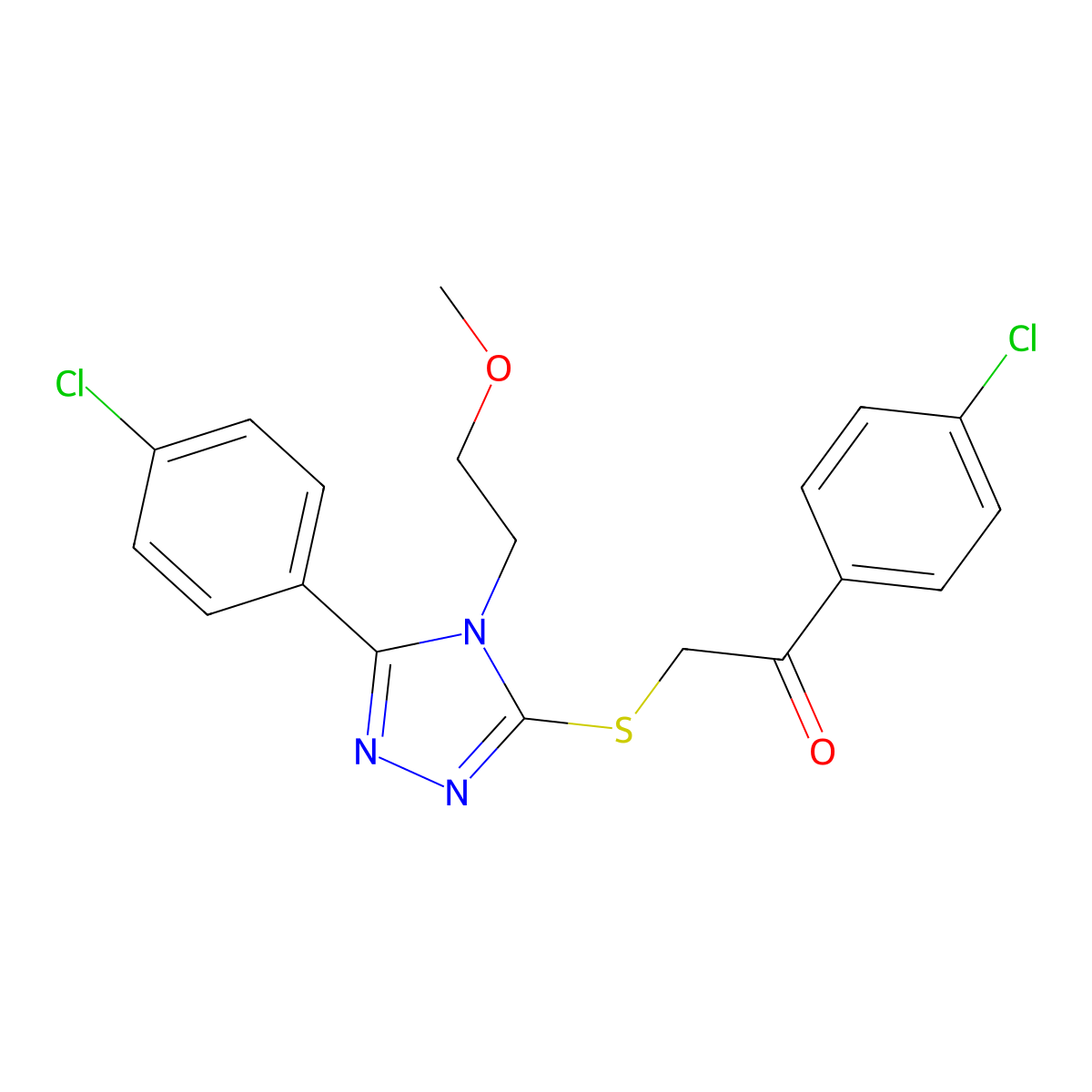1-(4-Chlorophenyl)-2-[[5-(4-chlorophenyl)-4-(2-methoxyethyl)-1,2,4-triazol-3-yl]sulfanyl]ethanone molecular structure, CAS 379730-04-8