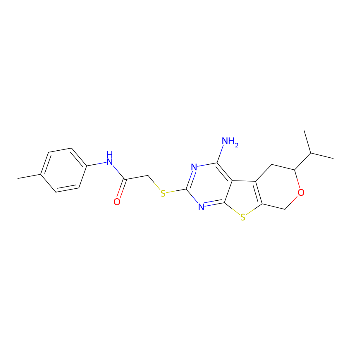 2-{[4-amino-6-(propan-2-yl)-5,8-dihydro-6H-pyrano[4',3':4,5]thieno[2,3-d]pyrimidin-2-yl]sulfanyl}-N-(4-methylphenyl)acetamide molecular structure, CAS 380154-74-5