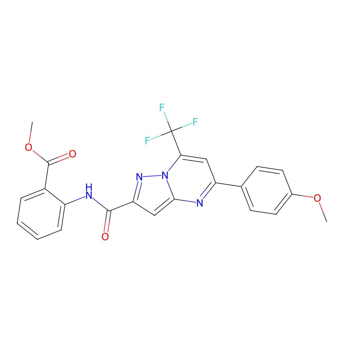Methyl 2-(5-(4-methoxyphenyl)-7-(trifluoromethyl)pyrazolo[1,5-a]pyrimidine-2-carboxamido)benzoate molecular structure, CAS 380155-91-9