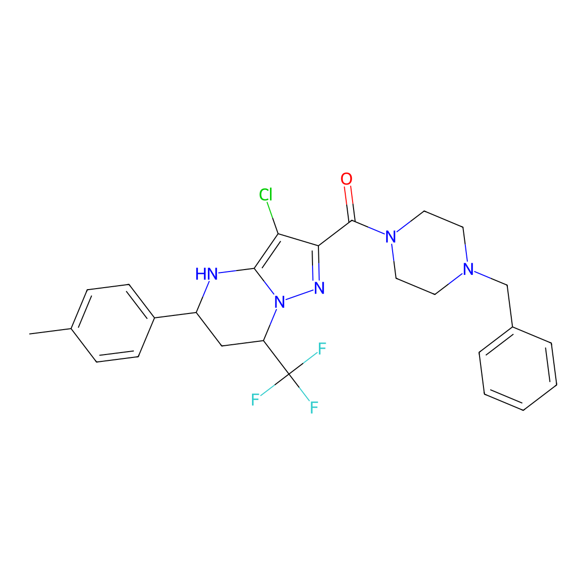 (4-Benzylpiperazin-1-yl)(3-chloro-5-(p-tolyl)-7-(trifluoromethyl)-4,5,6,7-tetrahydropyrazolo[1,5-a]pyrimidin-2-yl)methanone molecular structure, CAS 380158-07-6