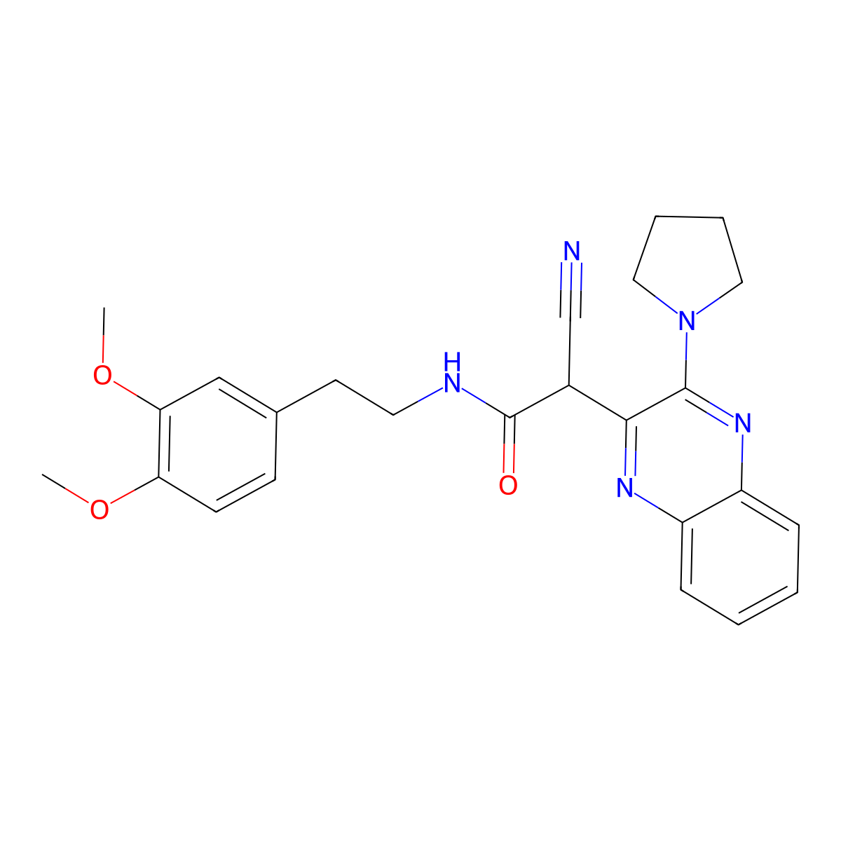 2-cyano-N-(3,4-dimethoxyphenethyl)-2-(3-(pyrrolidin-1-yl)quinoxalin-2-yl)acetamide molecular structure, CAS 380158-87-2