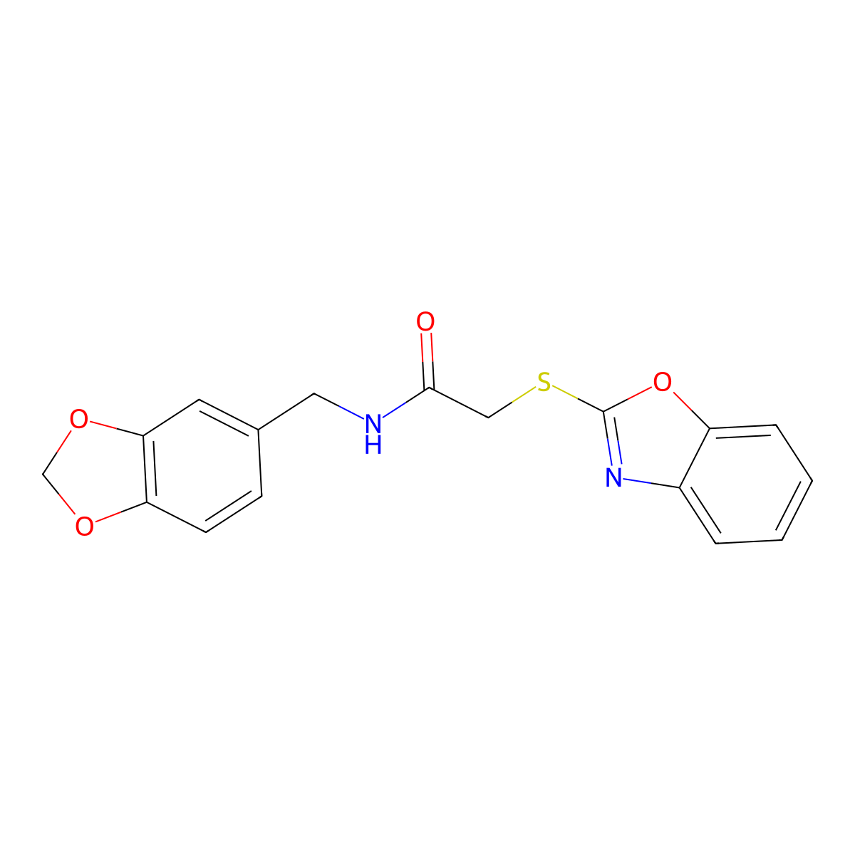 N-(1,3-benzodioxol-5-ylmethyl)-2-(1,3-benzoxazol-2-ylsulfanyl)acetamide molecular structure, CAS 380170-05-8