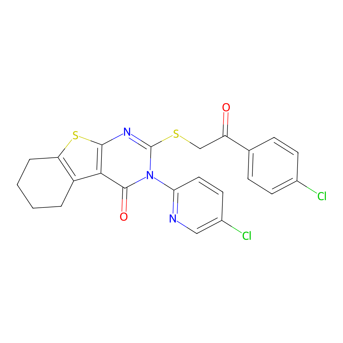 2-[2-(4-Chlorophenyl)-2-oxoethyl]sulfanyl-3-(5-chloropyridin-2-yl)-5,6,7,8-tetrahydro-[1]benzothiolo[2,3-d]pyrimidin-4-one molecular structure, CAS 380170-49-0