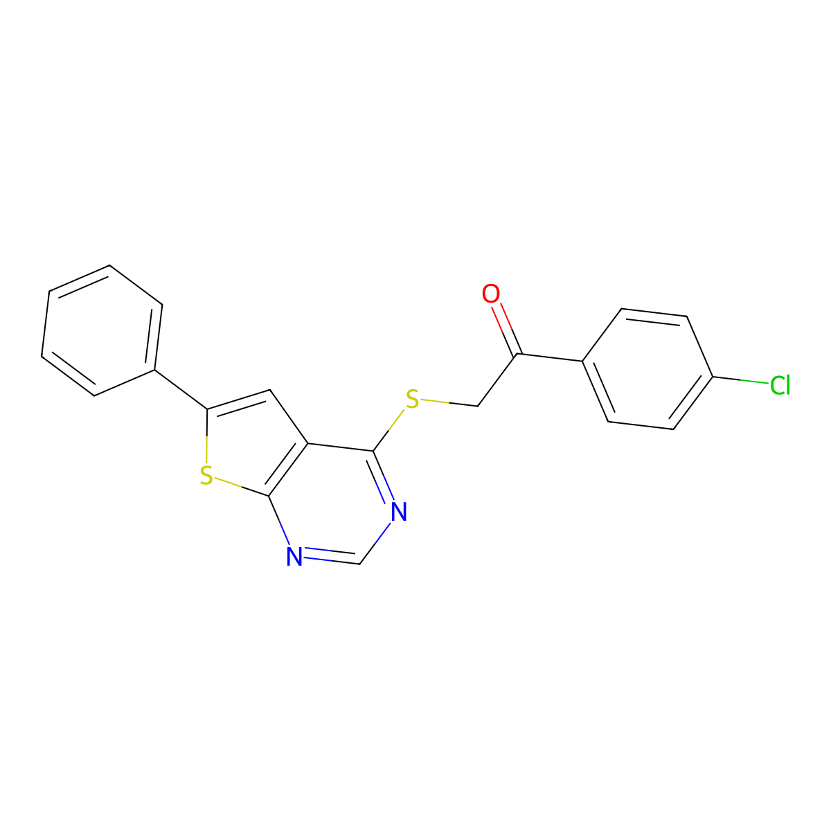 1-(4-Chlorophenyl)-2-(6-phenylthieno[2,3-d]pyrimidin-4-yl)sulfanylethanone molecular structure, CAS 380179-75-9