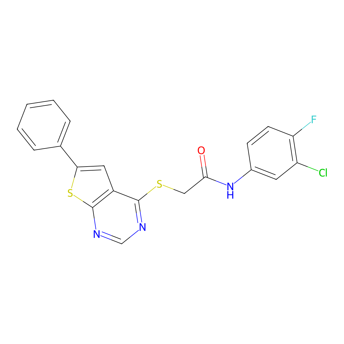 N-(3-chloro-4-fluorophenyl)-2-(6-phenylthieno[2,3-d]pyrimidin-4-yl)sulfanylacetamide molecular structure, CAS 380191-24-2