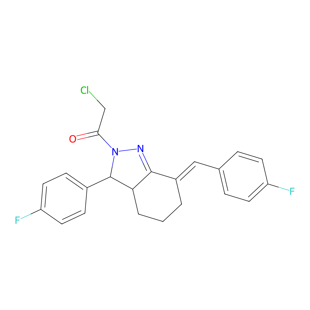2-chloro-1-[3-(4-fluorophenyl)-7-[(4-fluorophenyl)methylidene]-3a,4,5,6-tetrahydro-3H-indazol-2-yl]ethanone molecular structure, CAS 380196-78-1