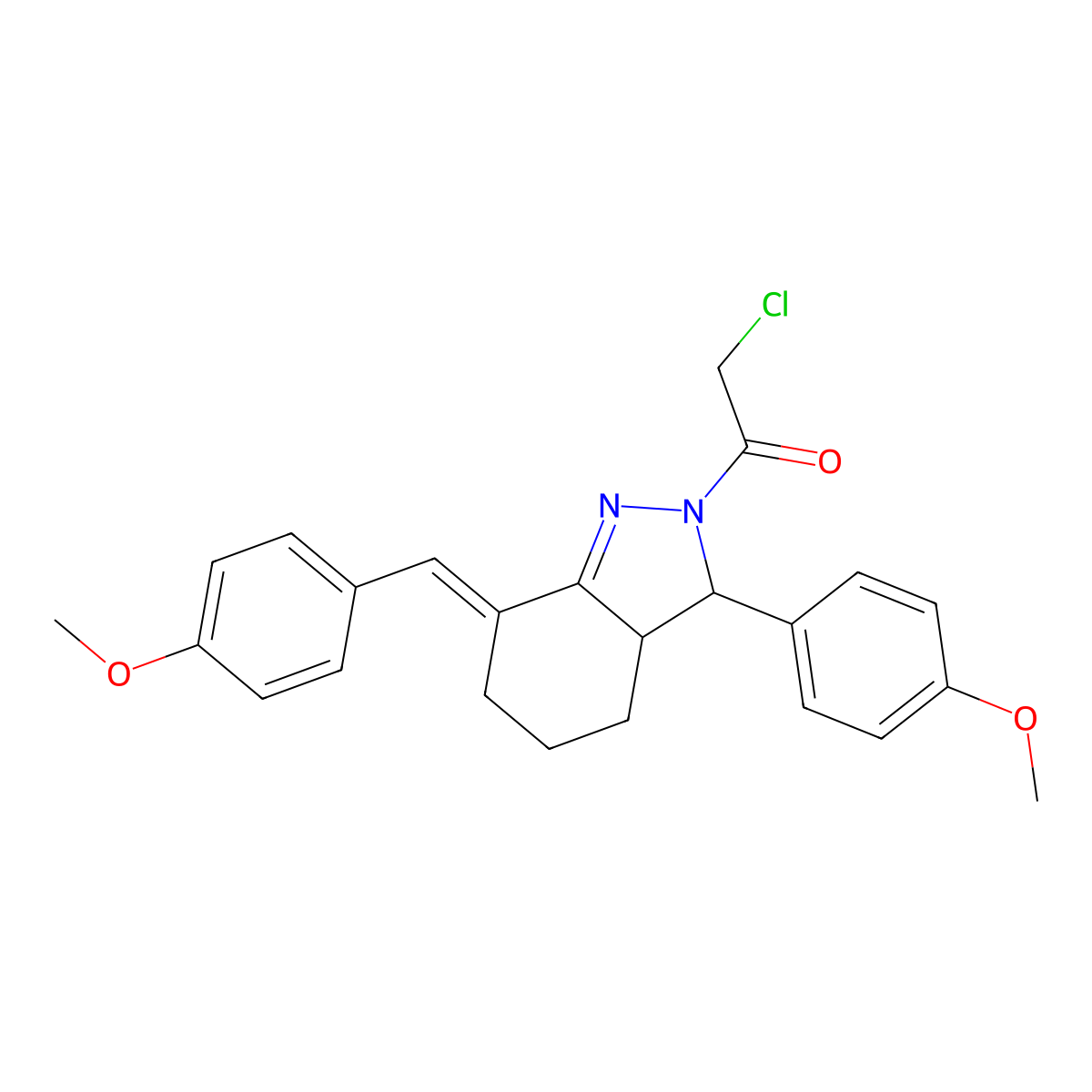 2-chloro-1-[3-(4-methoxyphenyl)-7-[(4-methoxyphenyl)methylidene]-3,3a,4,5,6,7-hexahydro-2H-indazol-2-yl]ethan-1-one molecular structure, CAS 380196-80-5