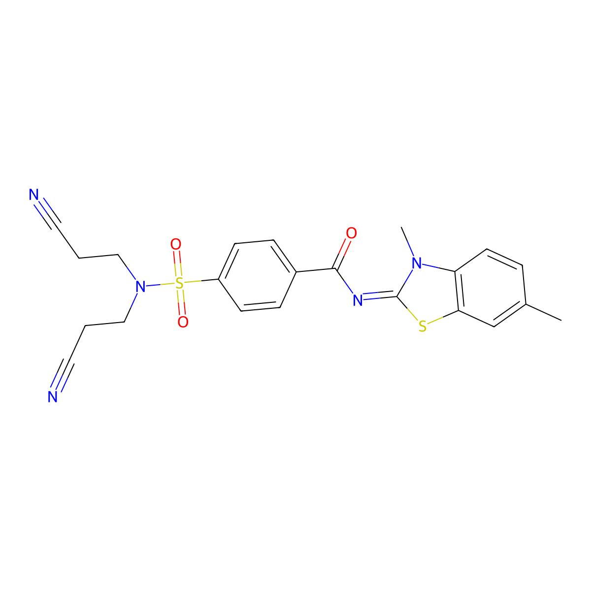 4-[bis(2-cyanoethyl)sulfamoyl]-N-(3,6-dimethyl-1,3-benzothiazol-2-ylidene)benzamide molecular structure, CAS 380208-21-9