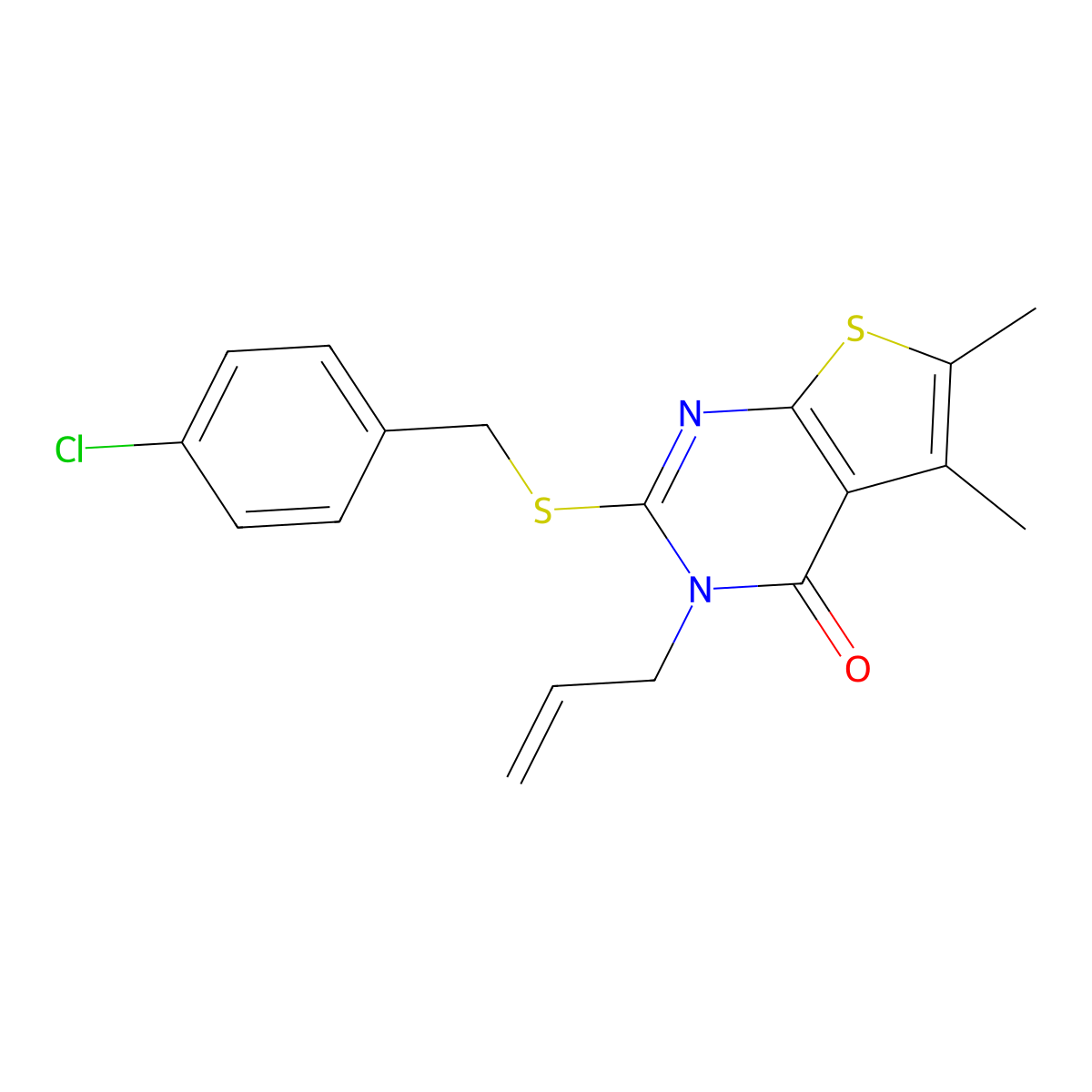 2-[(4-Chlorophenyl)methylsulfanyl]-5,6-dimethyl-3-prop-2-enylthieno[2,3-d]pyrimidin-4-one molecular structure, CAS 380211-40-5