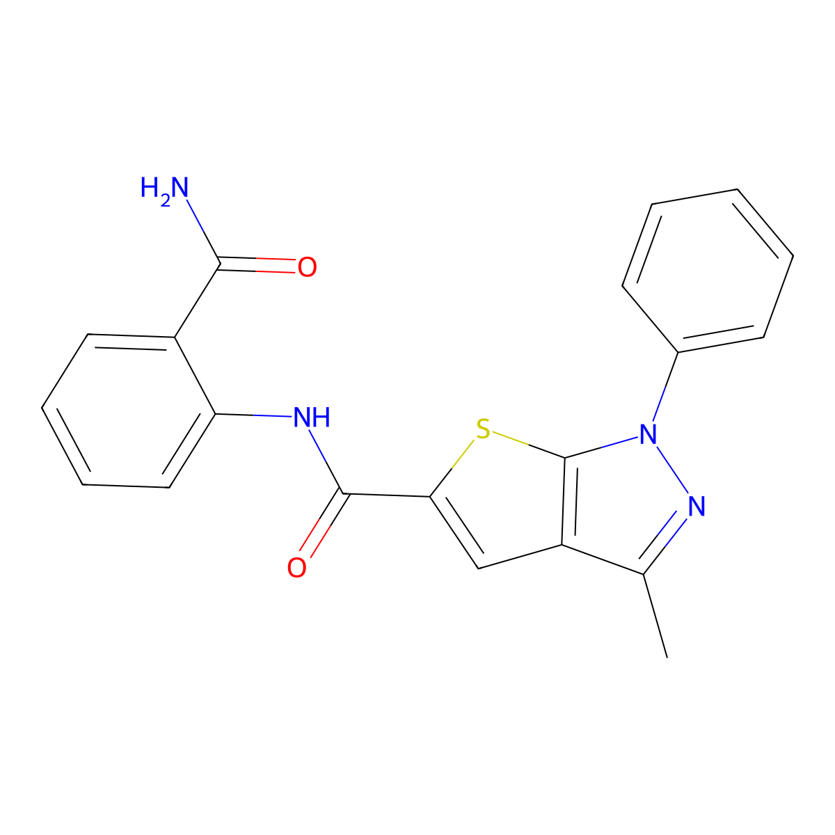 N-(2-carbamoylphenyl)-3-methyl-1-phenyl-1H-thieno[2,3-c]pyrazole-5-carboxamide molecular structure, CAS 380216-64-8