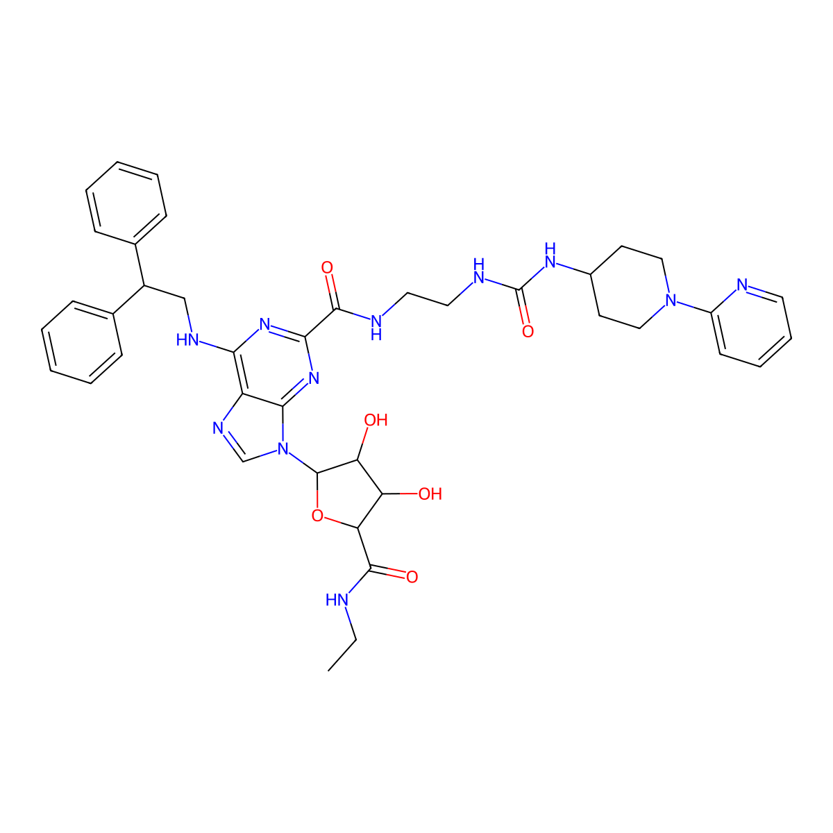 1-Deoxy-1-(6-((2,2-diphenylethyl)amino)-2-(((2-((((1-(2-pyridinyl)-4-piperidinyl)amino)carbonyl)amino)ethyl)amino)carbonyl)-9H-purin-9-yl)-N-ethyl-beta-D-ribofuranuronamide molecular structure, CAS 380221-63-6