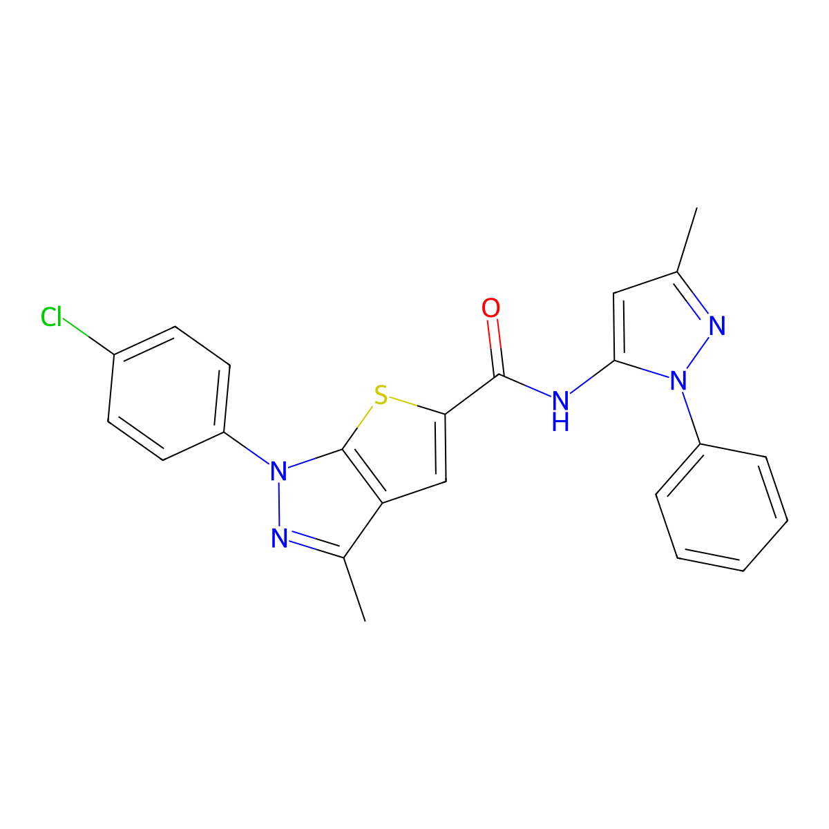 1-(4-chlorophenyl)-3-methyl-N-(3-methyl-1-phenyl-1H-pyrazol-5-yl)-1H-thieno[2,3-c]pyrazole-5-carboxamide molecular structure, CAS 380238-17-5