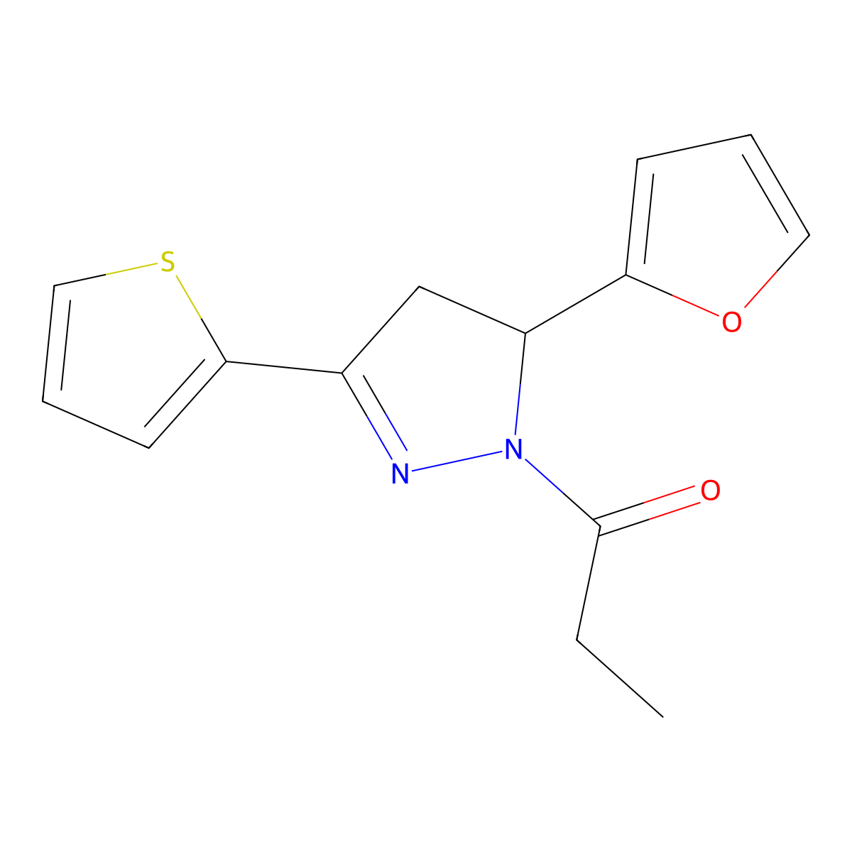 1-[3-(Furan-2-yl)-5-thiophen-2-yl-3,4-dihydropyrazol-2-yl]propan-1-one molecular structure, CAS 380318-70-7
