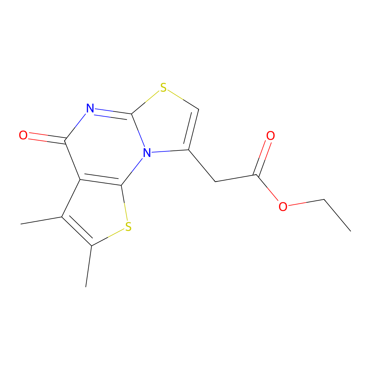 Ethyl 2-(6,7-dimethyl-5-oxo-9-hydro-1,3-thiazolino[3,2-a]thiopheno[3,2-e]pyrim idinyl)acetate molecular structure, CAS 380322-61-2
