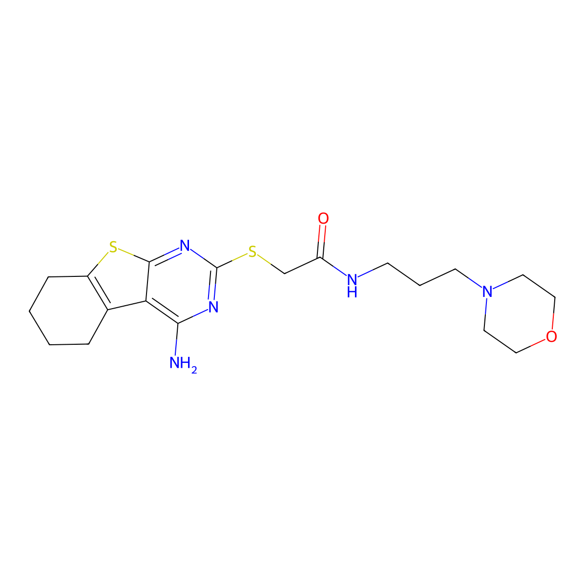 2-(4-amino(5,6,7,8-tetrahydrobenzo[b]thiopheno[2,3-d]pyrimidin-2-ylthio))-N-(3-morpholin-4-ylpropyl)acetamide molecular structure, CAS 380322-63-4