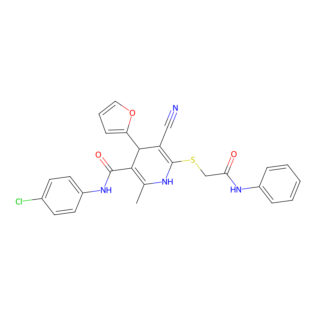 N-(4-chlorophenyl)-5-cyano-4-(furan-2-yl)-2-methyl-6-((2-oxo-2-(phenylamino)ethyl)thio)-1,4-dihydropyridine-3-carboxamide molecular structure, CAS 380325-25-7