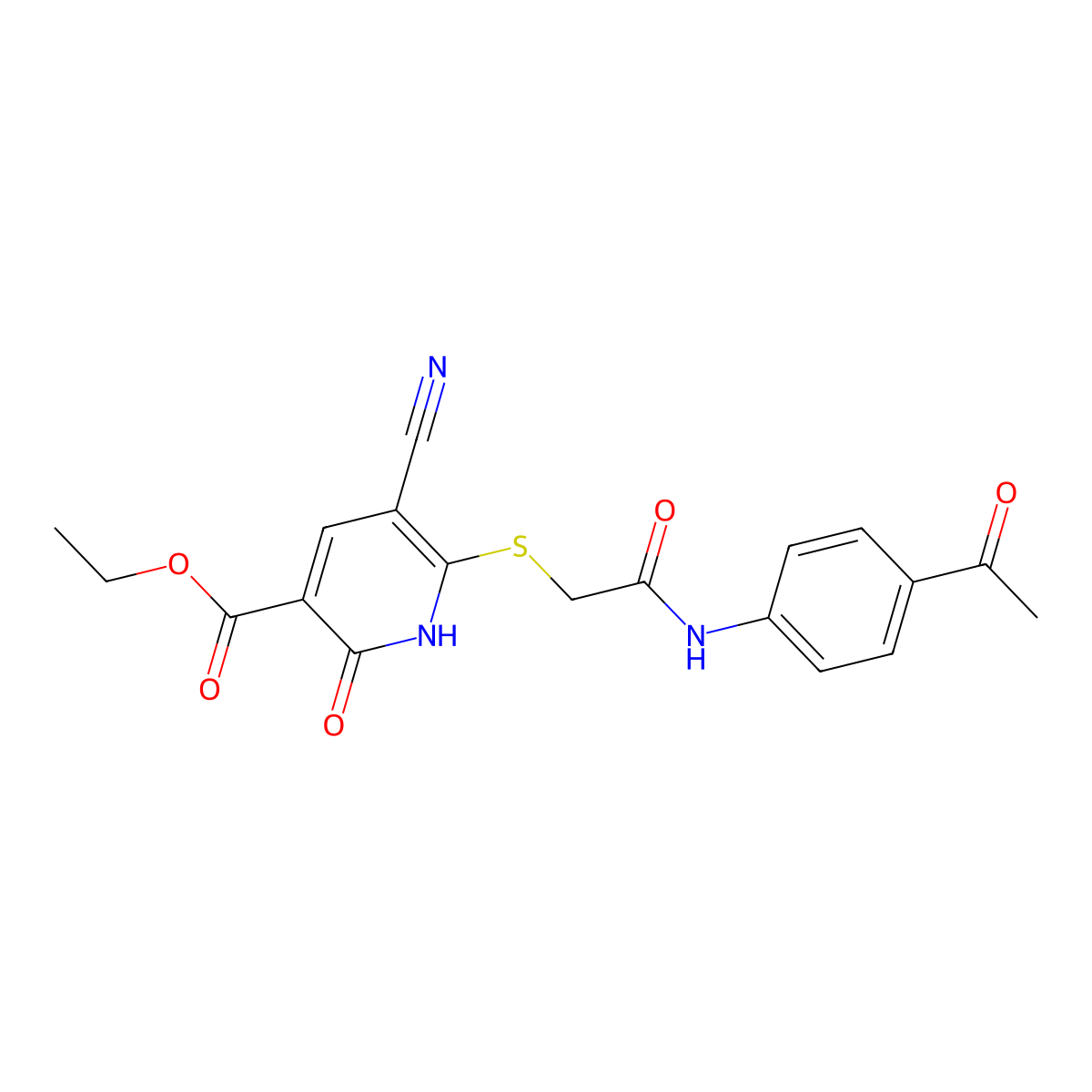 Ethyl 6-((2-((4-acetylphenyl)amino)-2-oxoethyl)thio)-5-cyano-2-hydroxynicotinate molecular structure, CAS 380327-79-7