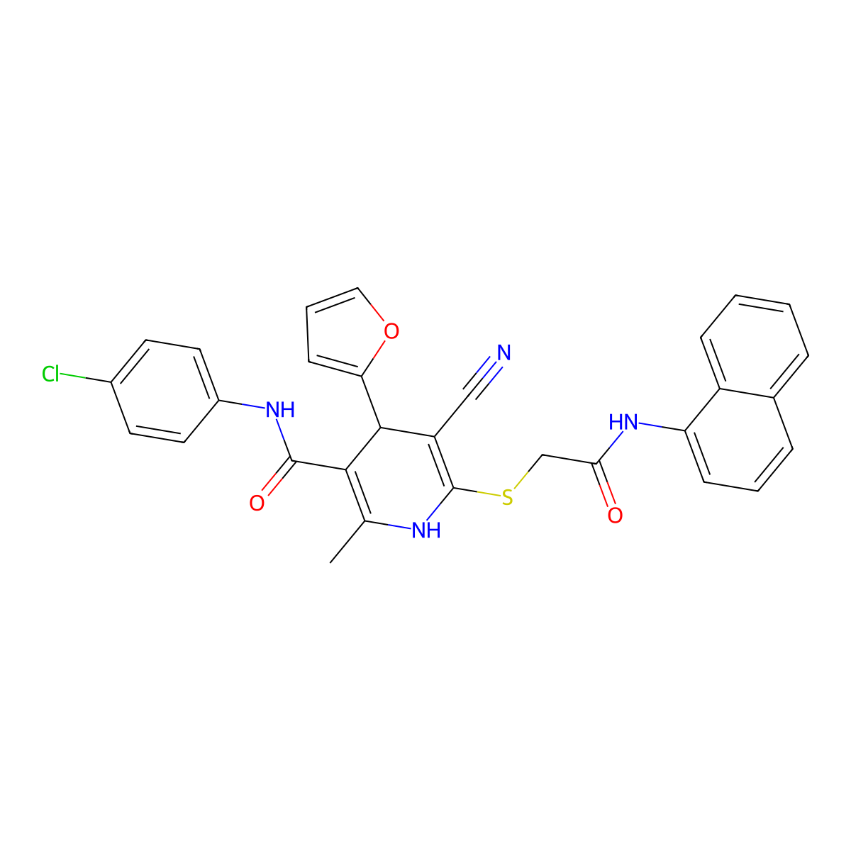 N-(4-Chlorophenyl)-5-cyano-4-(furan-2-YL)-2-methyl-6-({[(naphthalen-1-YL)carbamoyl]methyl}sulfanyl)-1,4-dihydropyridine-3-carboxamide molecular structure, CAS 380327-83-3