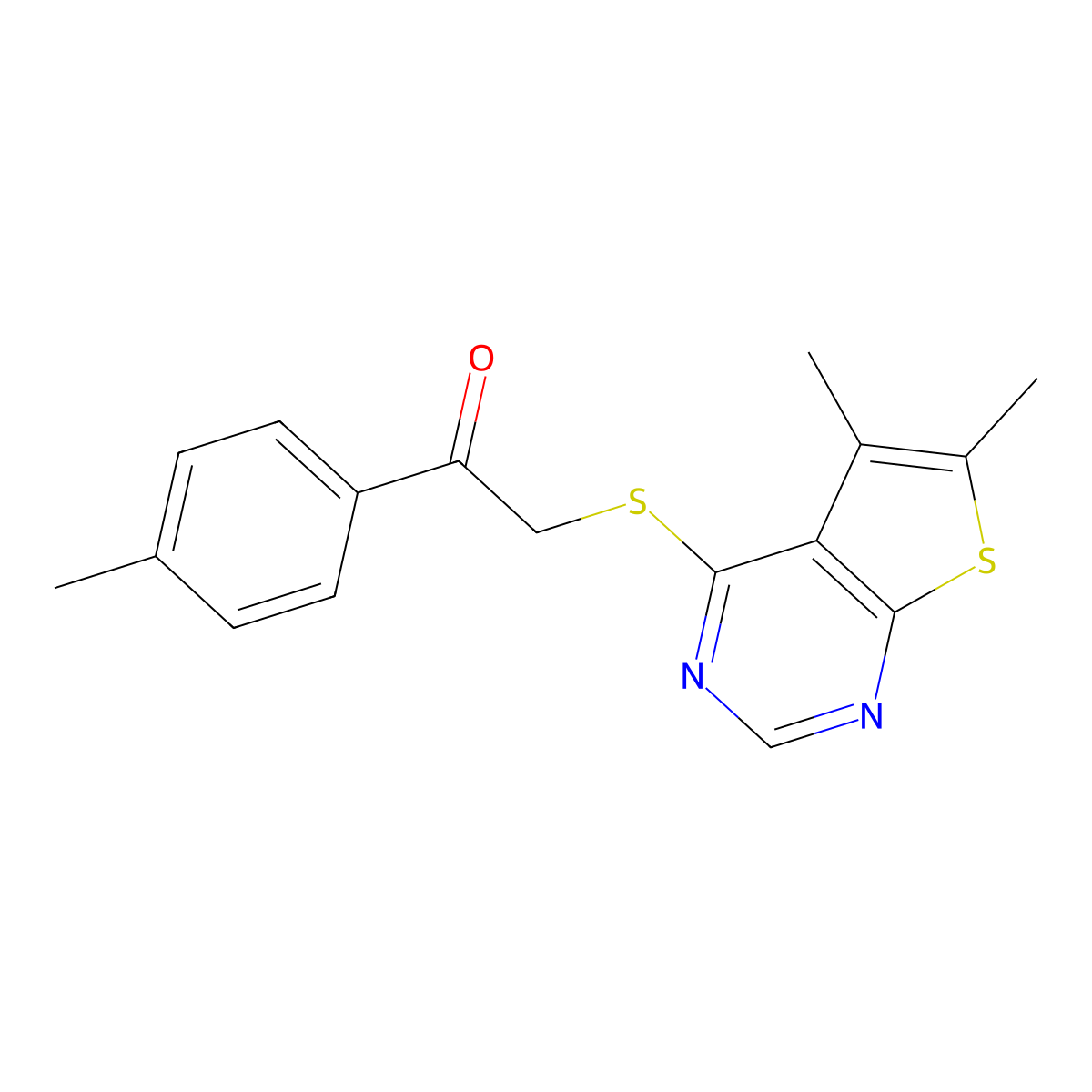 2-((5,6-Dimethylthieno[2,3-d]pyrimidin-4-yl)thio)-1-(p-tolyl)ethanone molecular structure, CAS 380333-27-7