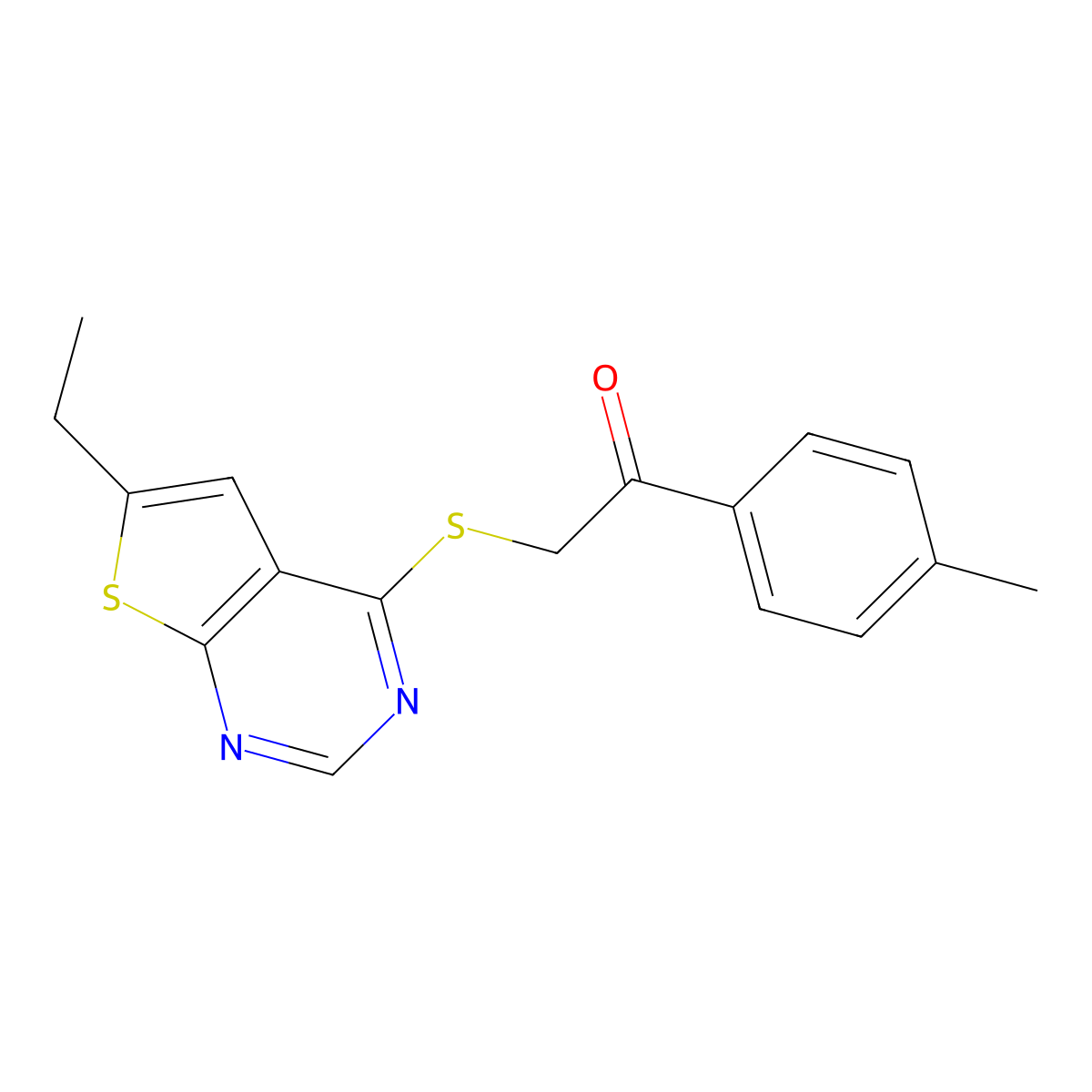 2-(6-Ethyl-thieno[2,3-d]pyrimidin-4-ylsulfanyl)-1-p-tolyl-ethanone molecular structure, CAS 380333-29-9