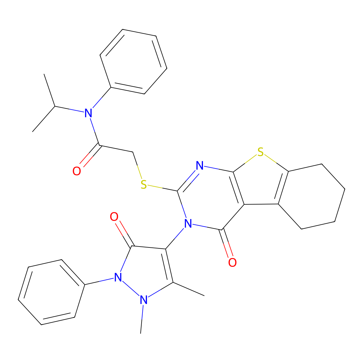 2-[[3-(1,5-dimethyl-3-oxo-2-phenylpyrazol-4-yl)-4-oxo-5,6,7,8-tetrahydro-[1]benzothiolo[2,3-d]pyrimidin-2-yl]sulfanyl]-N-phenyl-N-propan-2-ylacetamide molecular structure, CAS 380338-57-8