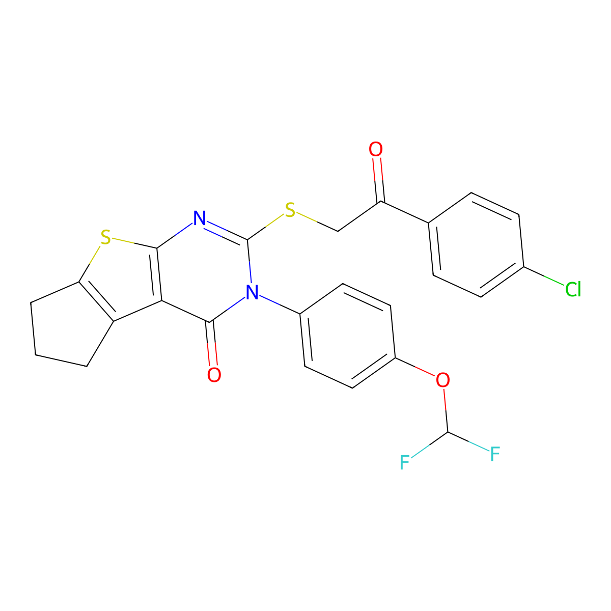 2-((2-(4-chlorophenyl)-2-oxoethyl)thio)-3-(4-(difluoromethoxy)phenyl)-6,7-dihydro-3H-cyclopenta[4,5]thieno[2,3-d]pyrimidin-4(5H)-one molecular structure, CAS 380339-88-8