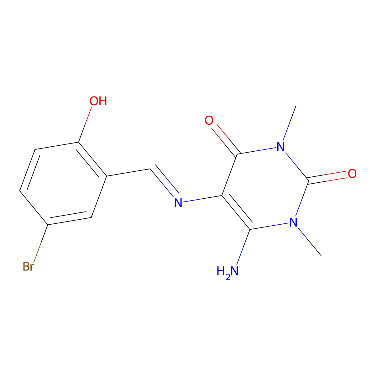 (E)-6-amino-5-((5-bromo-2-hydroxybenzylidene)amino)-1,3-dimethylpyrimidine-2,4(1H,3H)-dione molecular structure, CAS 380339-94-6