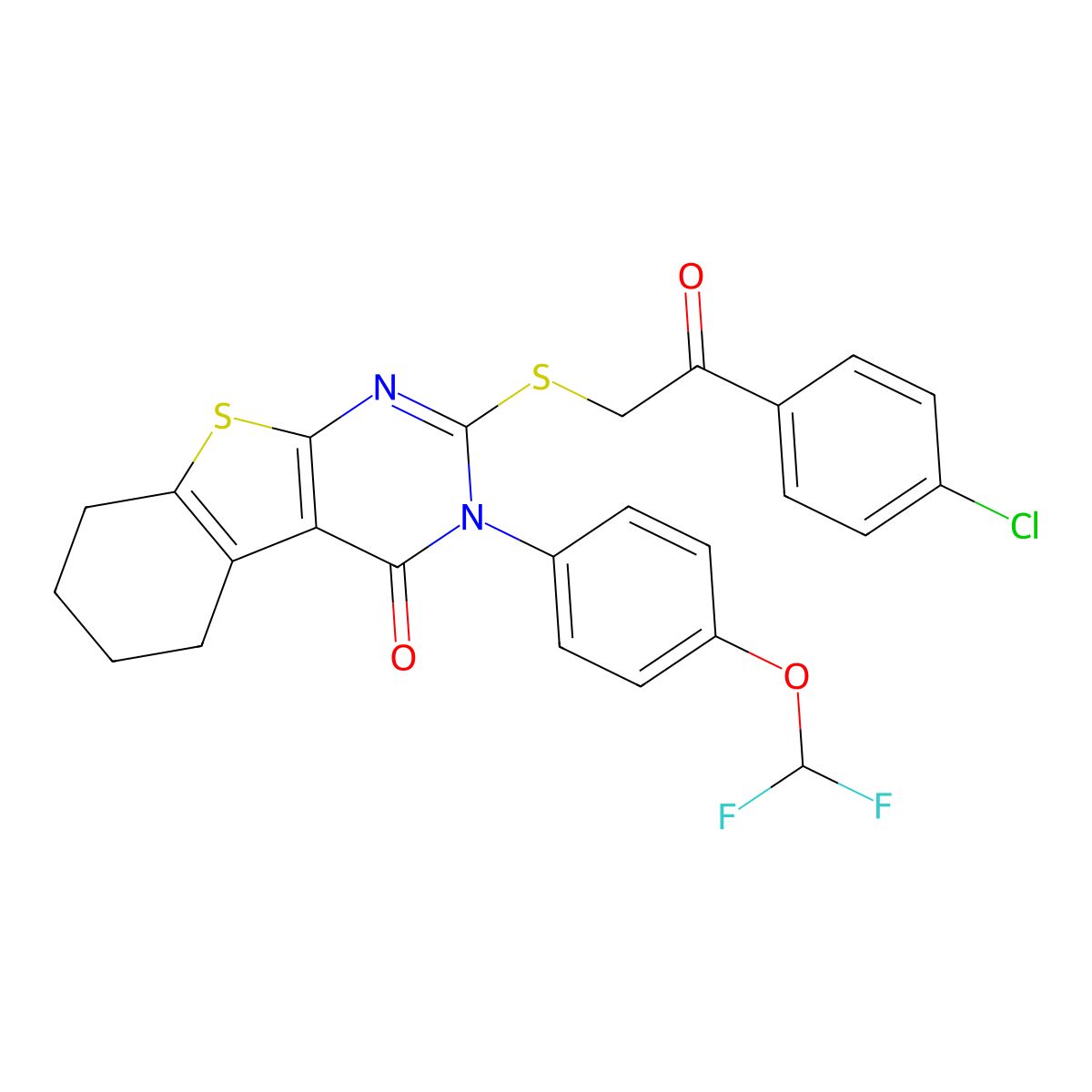 2-[2-(4-Chlorophenyl)-2-oxoethyl]sulfanyl-3-[4-(difluoromethoxy)phenyl]-5,6,7,8-tetrahydro-[1]benzothiolo[2,3-d]pyrimidin-4-one molecular structure, CAS 380340-00-1