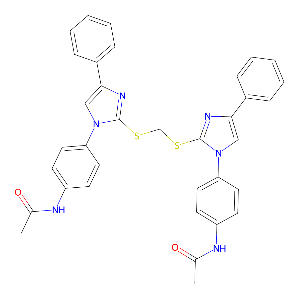 N-[4-[2-[[1-(4-acetamidophenyl)-4-phenylimidazol-2-yl]sulfanylmethylsulfanyl]-4-phenylimidazol-1-yl]phenyl]acetamide molecular structure, CAS 380340-55-6