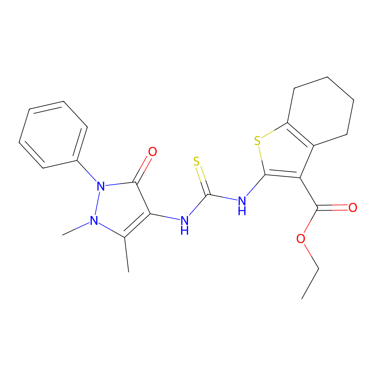ethyl 2-{[(1,5-dimethyl-3-oxo-2-phenyl-2,3-dihydro-1H-pyrazol-4-yl)carbamothioyl]amino}-4,5,6,7-tetrahydro-1-benzothiophene-3-carboxylate molecular structure, CAS 380342-95-0