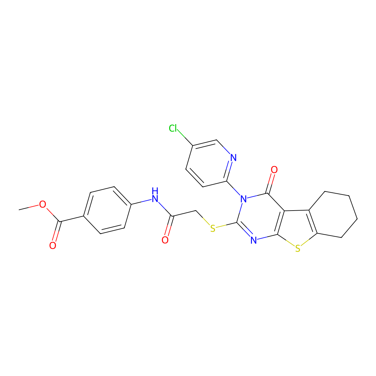 Methyl 4-[[2-[[3-(5-chloropyridin-2-yl)-4-oxo-5,6,7,8-tetrahydro-[1]benzothiolo[2,3-d]pyrimidin-2-yl]sulfanyl]acetyl]amino]benzoate molecular structure, CAS 380342-97-2