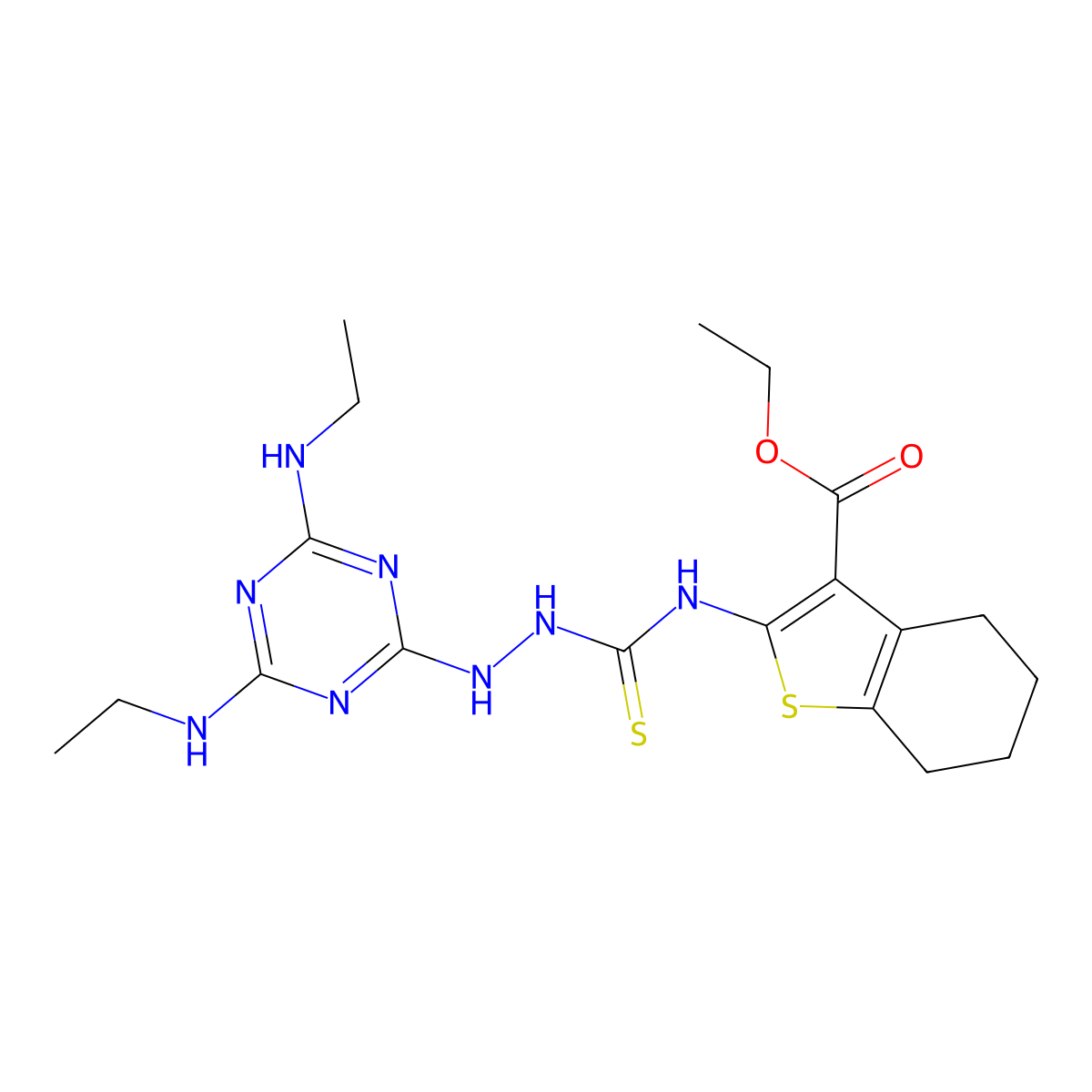 Ethyl 2-[({[4,6-bis(ethylamino)-1,3,5-triazin-2-yl]amino}carbamothioyl)amino]-4,5,6,7-tetrahydro-1-benzothiophene-3-carboxylate molecular structure, CAS 380343-14-6