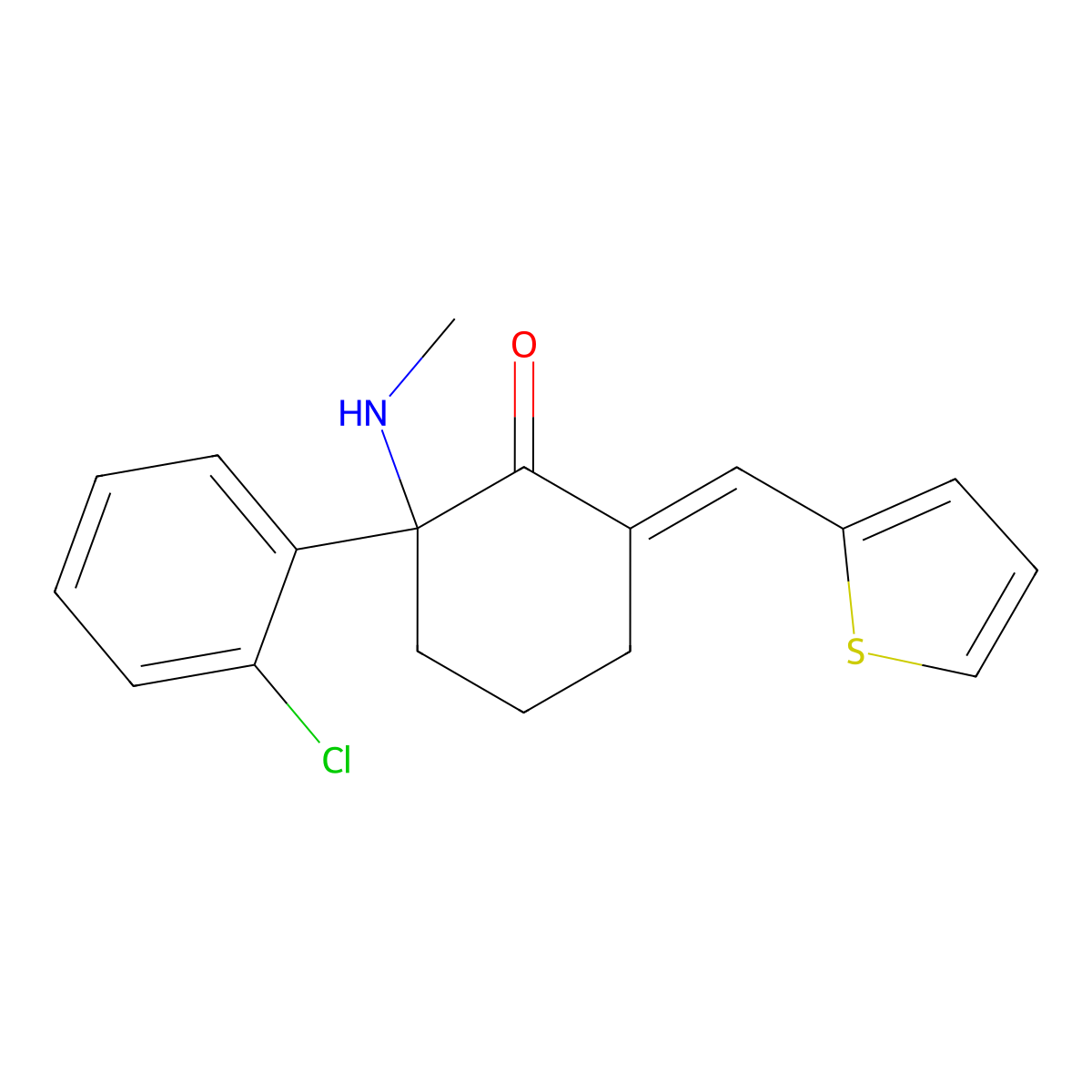 2-(2-Chlorophenyl)-2-methylamino-6-thiophen-2-ylmethylene-cyclohexanone molecular structure, CAS 380343-37-3