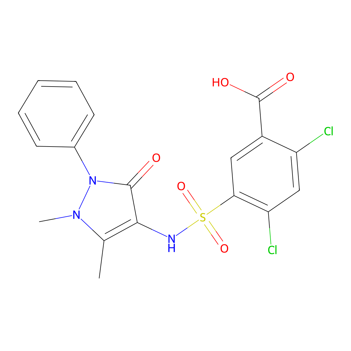 2,4-dichloro-5-[(1,5-dimethyl-3-oxo-2-phenyl-2,3-dihydro-1H-pyrazol-4-yl)sulfamoyl]benzoic acid molecular structure, CAS 380347-78-4
